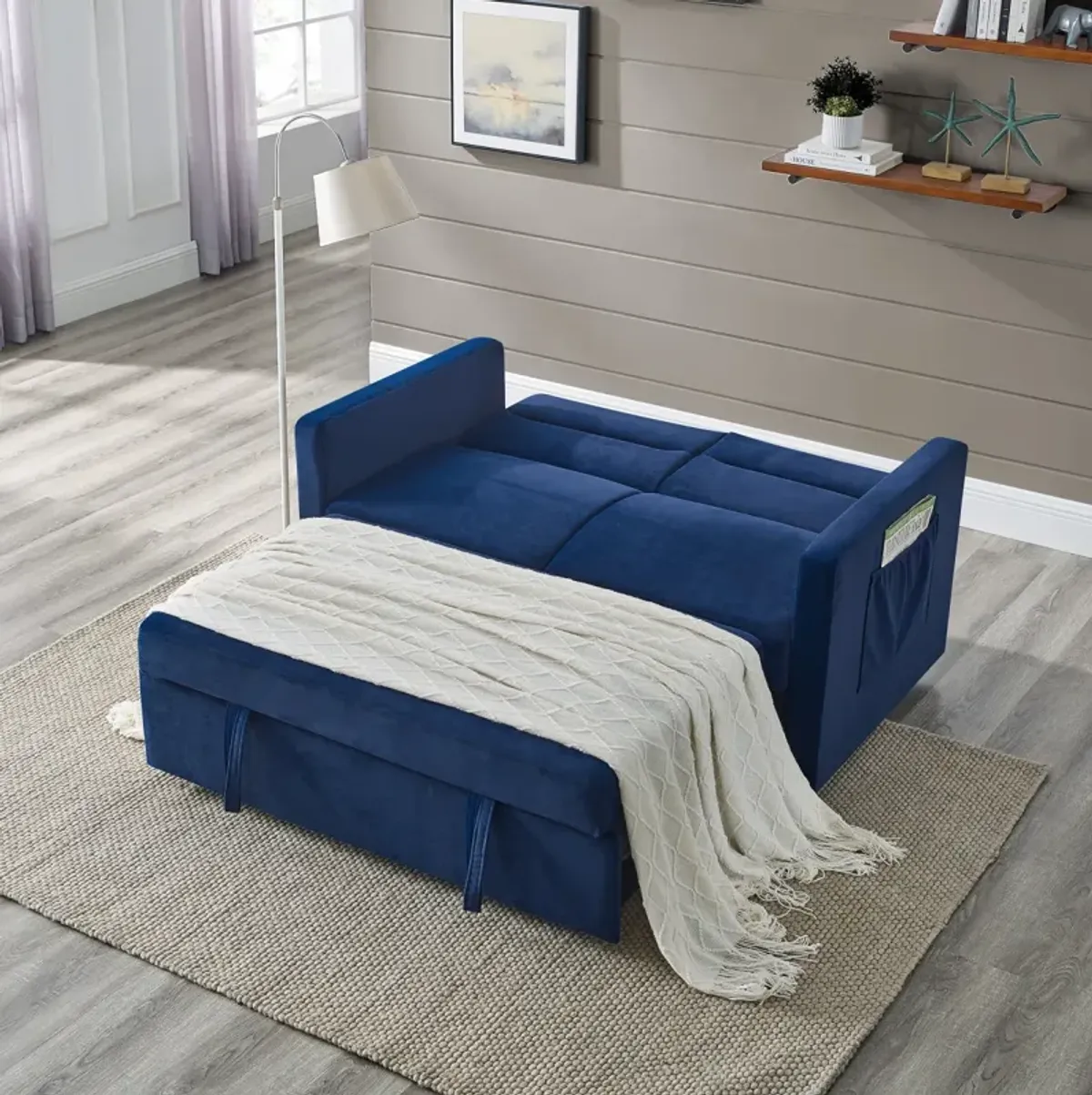 Loveseats Sofa Bed With Pull-Out Bed, Adjustable Back And Two Arm Pocket, Blue (54.5"X33" X 31.5")