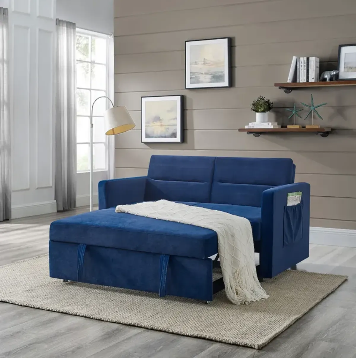 Loveseats Sofa Bed With Pull-Out Bed, Adjustable Back And Two Arm Pocket, Blue (54.5"X33" X 31.5")