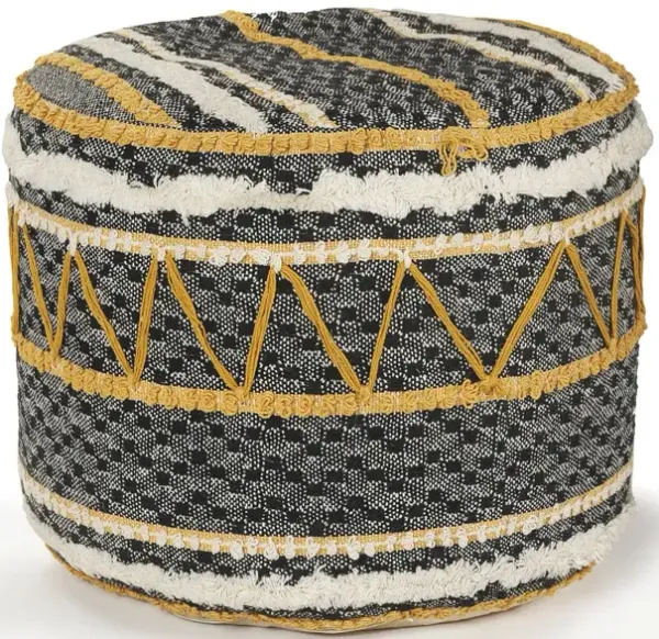 Hivvago 18 Inch Black Cotton Cylinder Striped Pouf Ottoman