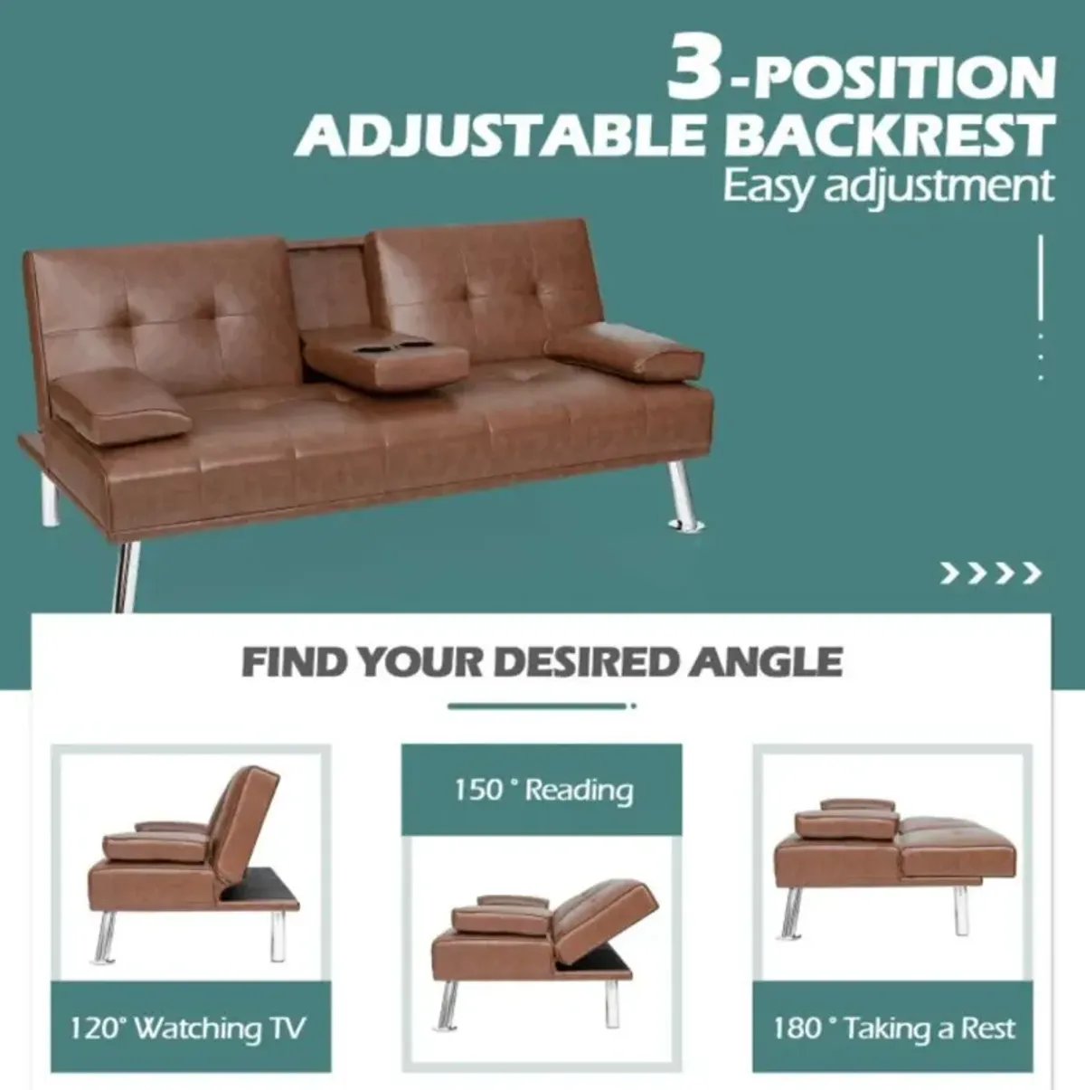 Hivvago Convertible Folding Leather Futon Sofa with Cup Holders and Armrests