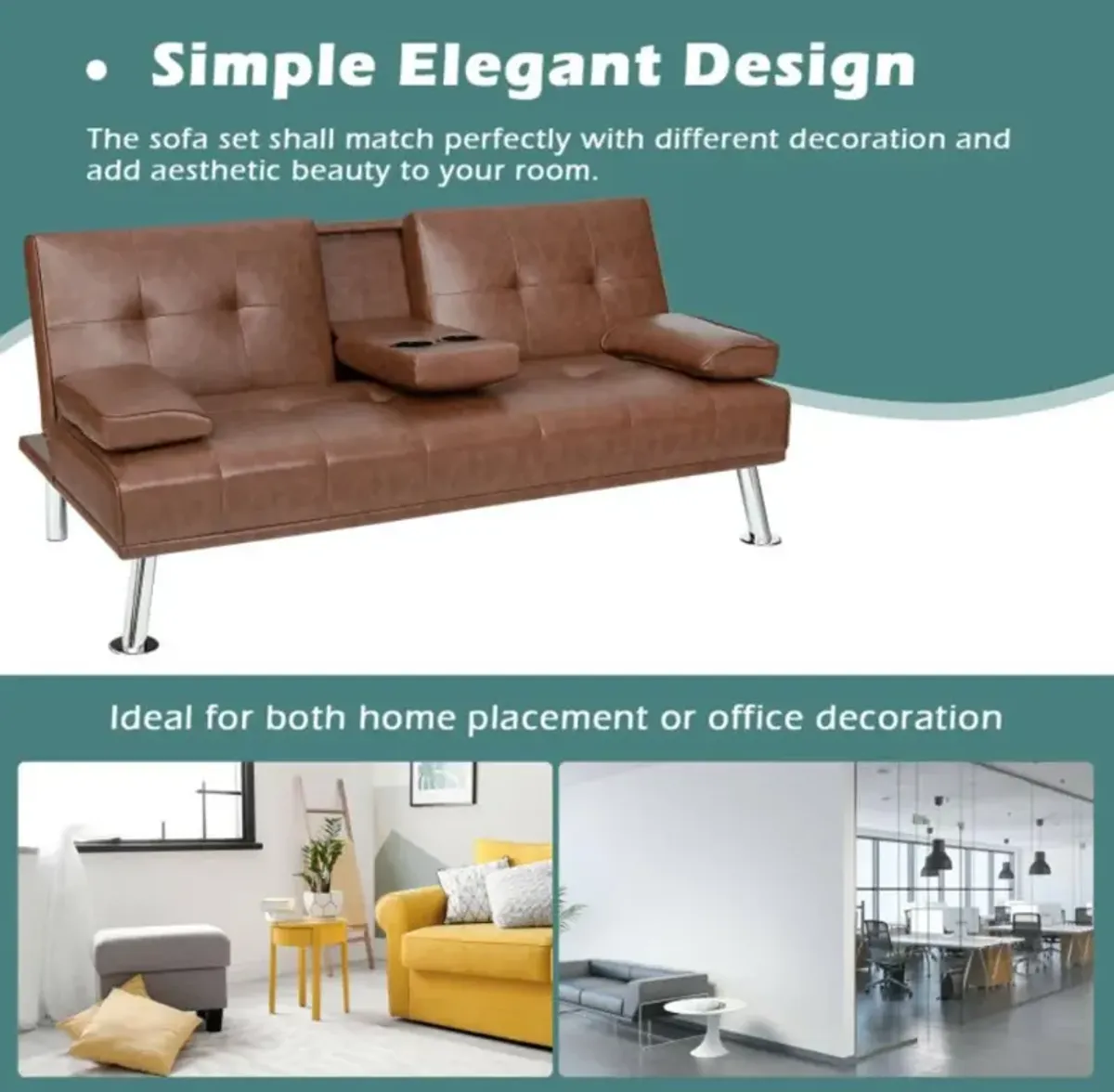 Hivvago Convertible Folding Leather Futon Sofa with Cup Holders and Armrests