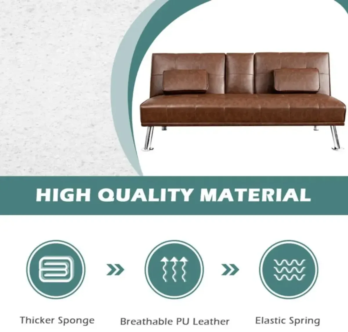 Hivvago Convertible Folding Leather Futon Sofa with Cup Holders and Armrests