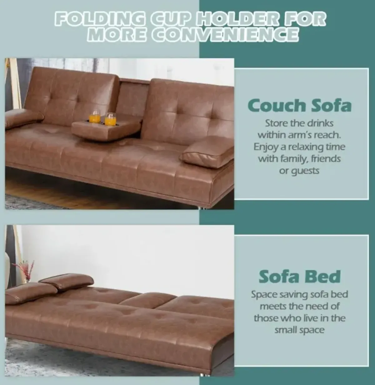 Hivvago Convertible Folding Leather Futon Sofa with Cup Holders and Armrests