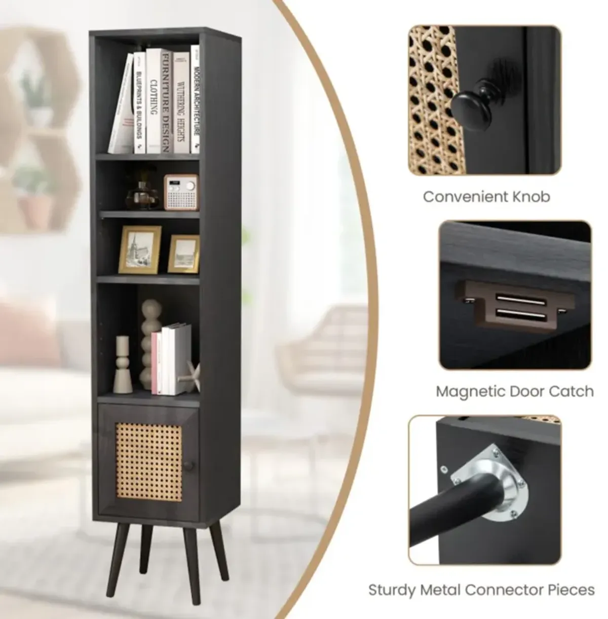 Hivvago 4 Tiers Rattan Storage Cabinet with Slim Design