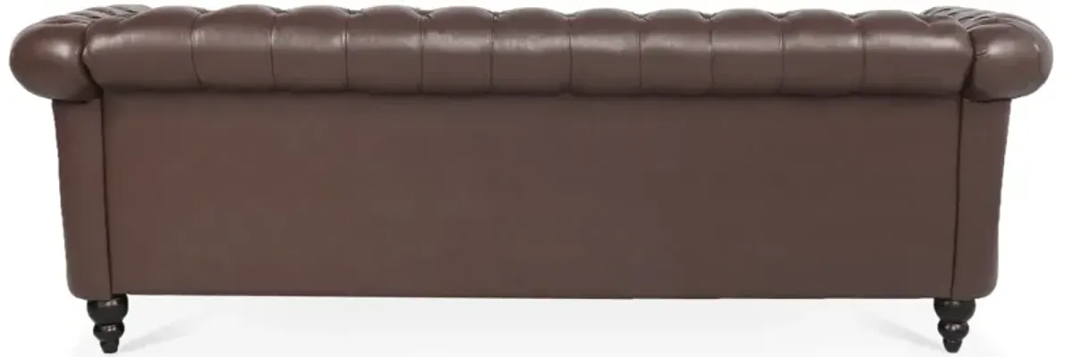 Dark Brown PU Rolled Arm Chesterfield Three Seater Sofa