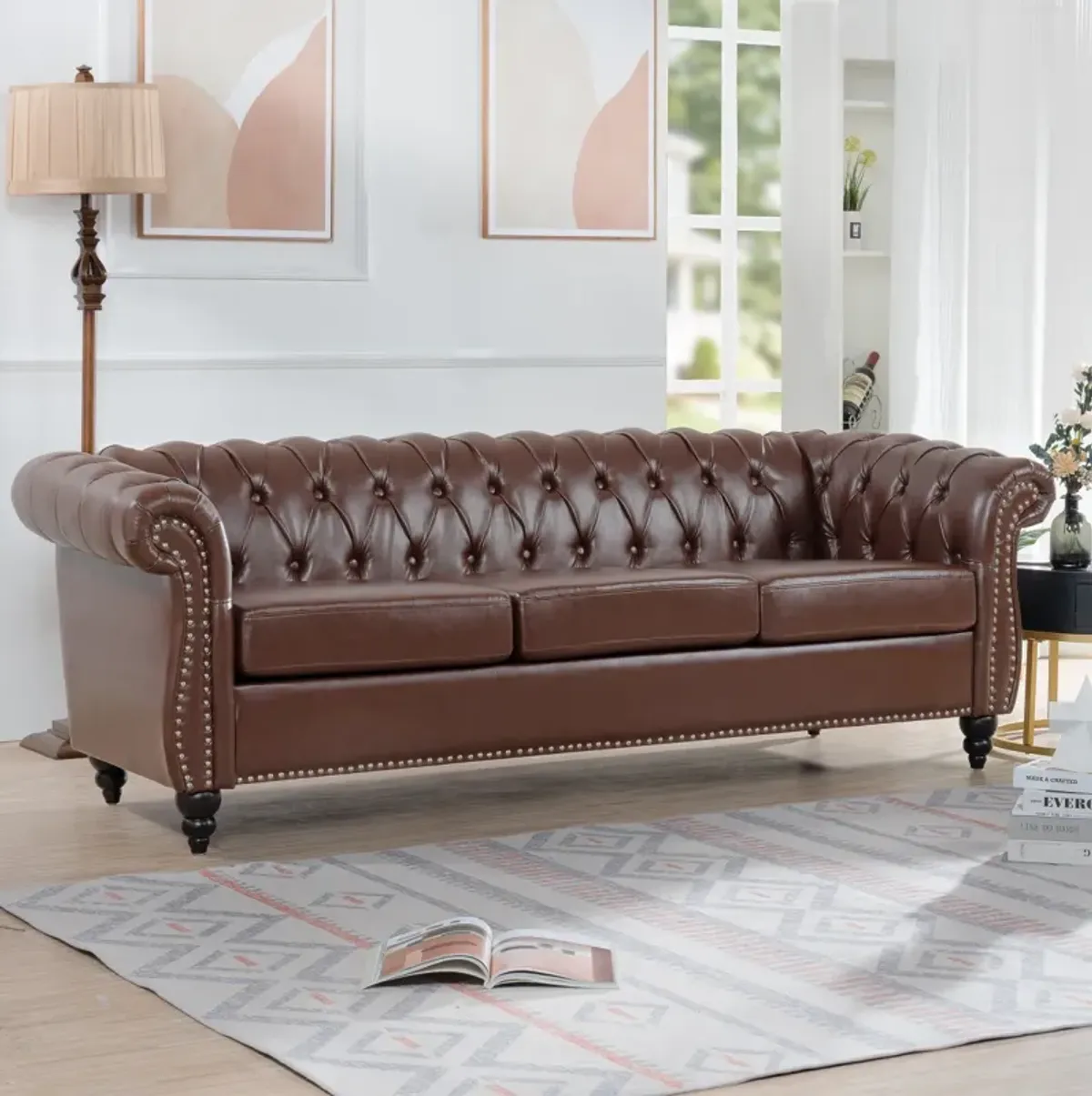 Dark Brown PU Rolled Arm Chesterfield Three Seater Sofa