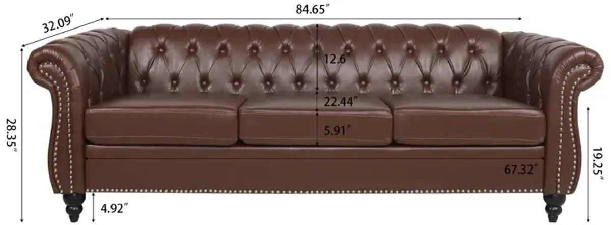 Dark Brown PU Rolled Arm Chesterfield Three Seater Sofa