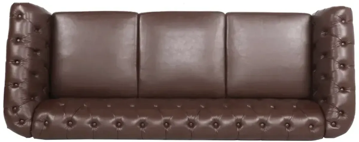 Dark Brown PU Rolled Arm Chesterfield Three Seater Sofa