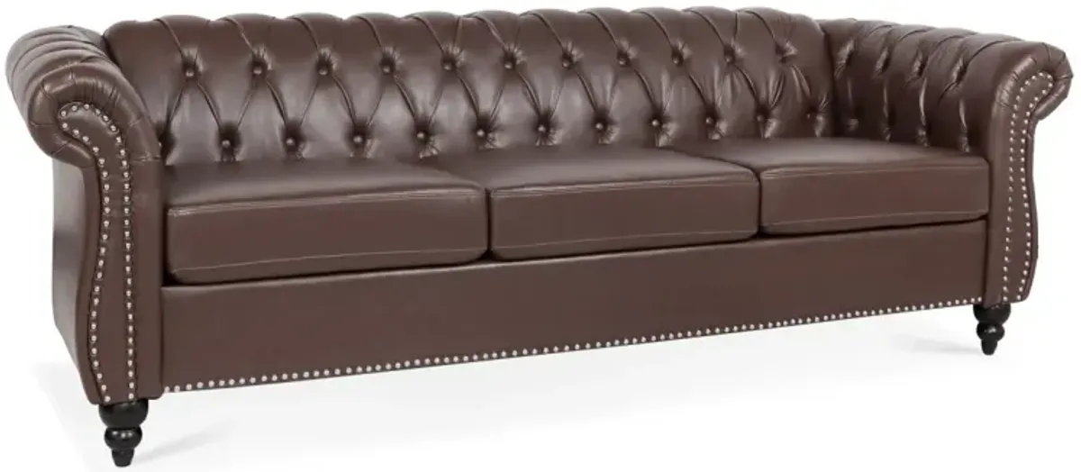 Dark Brown PU Rolled Arm Chesterfield Three Seater Sofa