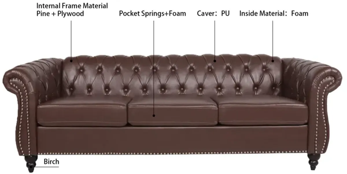 Dark Brown PU Rolled Arm Chesterfield Three Seater Sofa