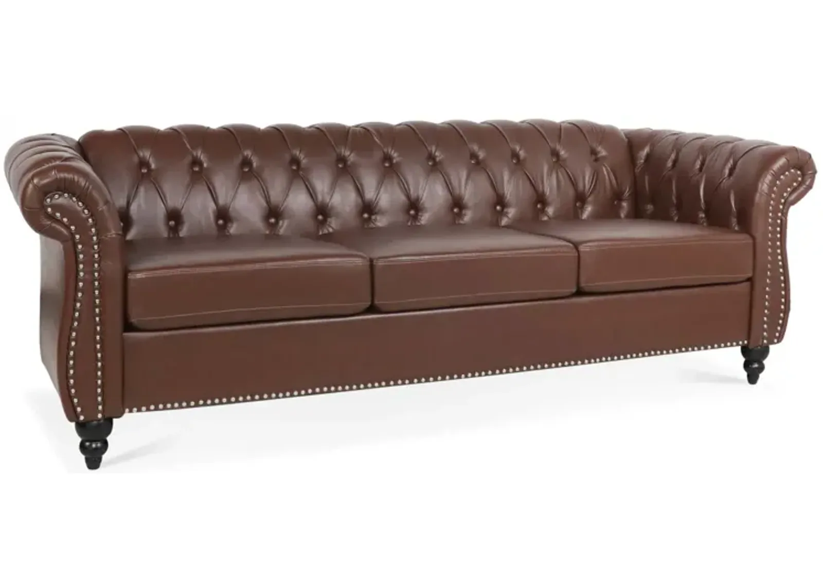 Dark Brown PU Rolled Arm Chesterfield Three Seater Sofa