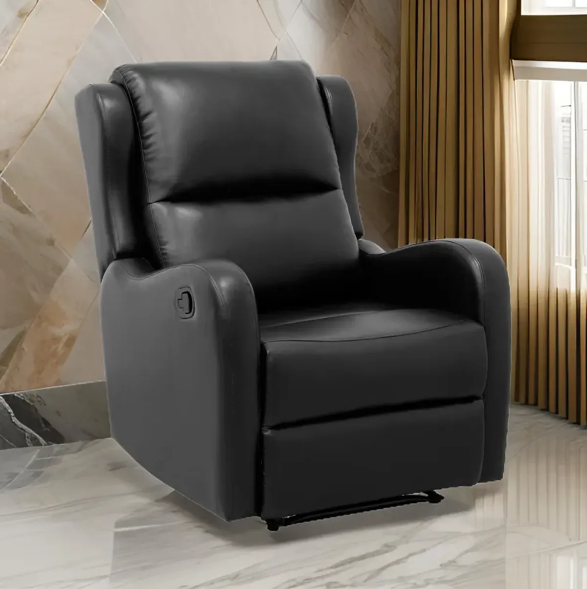 Kim 38 Inch Manual Recliner Chair, Cushioned Black Faux Leather, Solid Wood - Benzara