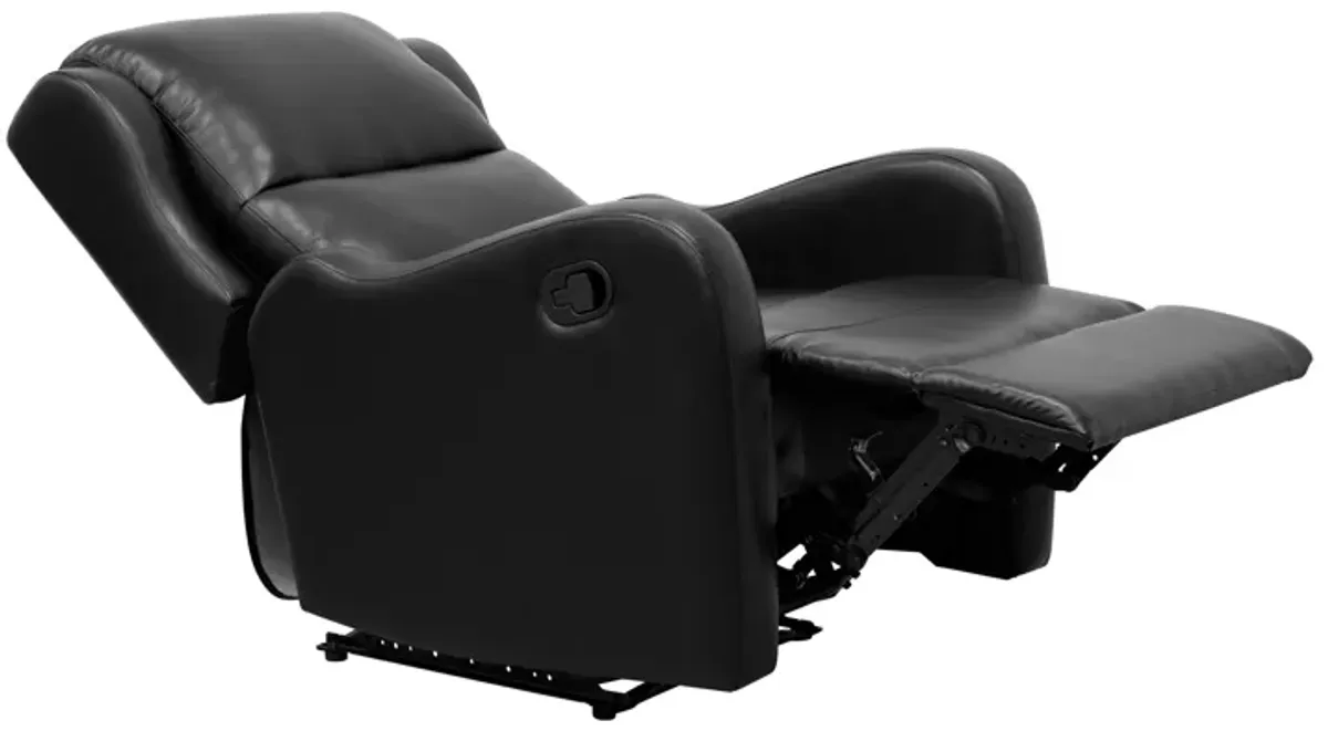 Kim 38 Inch Manual Recliner Chair, Cushioned Black Faux Leather, Solid Wood - Benzara