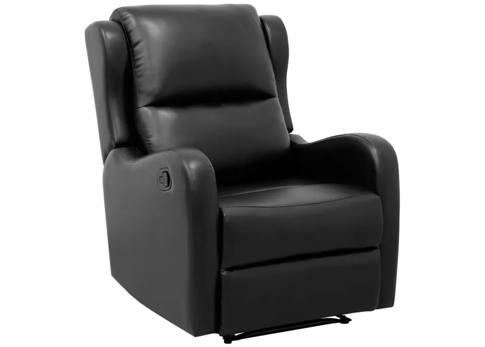 Kim 38 Inch Manual Recliner Chair, Cushioned Black Faux Leather, Solid Wood - Benzara