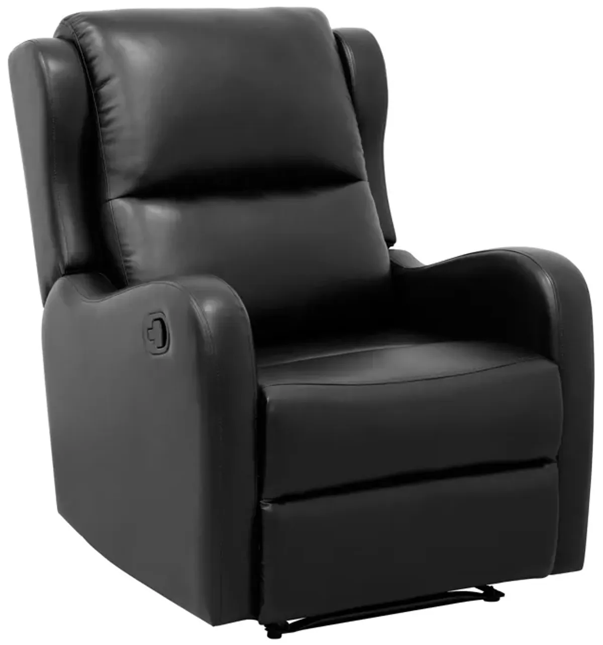 Kim 38 Inch Manual Recliner Chair, Cushioned Black Faux Leather, Solid Wood - Benzara