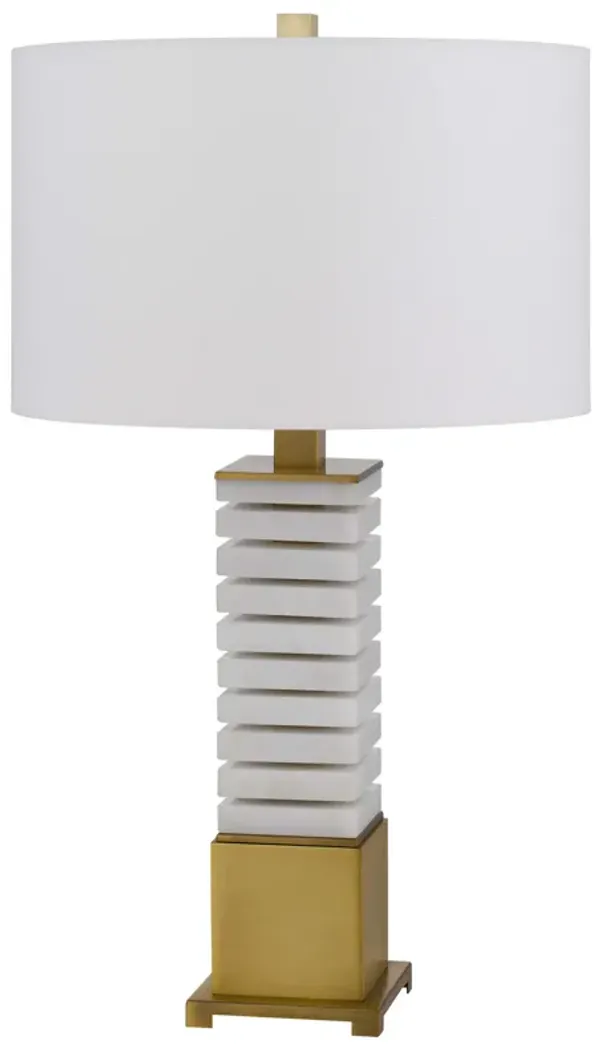 28 Inch Table Lamp, White Drum Hardback, Marble and Antique Brass Finish - Benzara