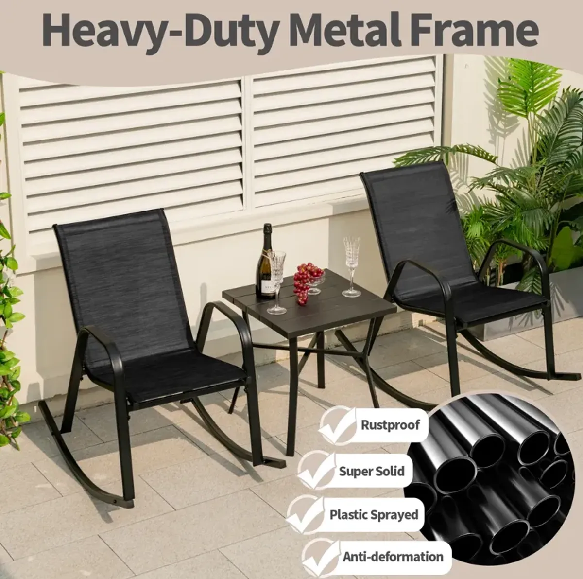 Set of 2 Metal Patio Rocking Chair with Breathable Seat Fabric