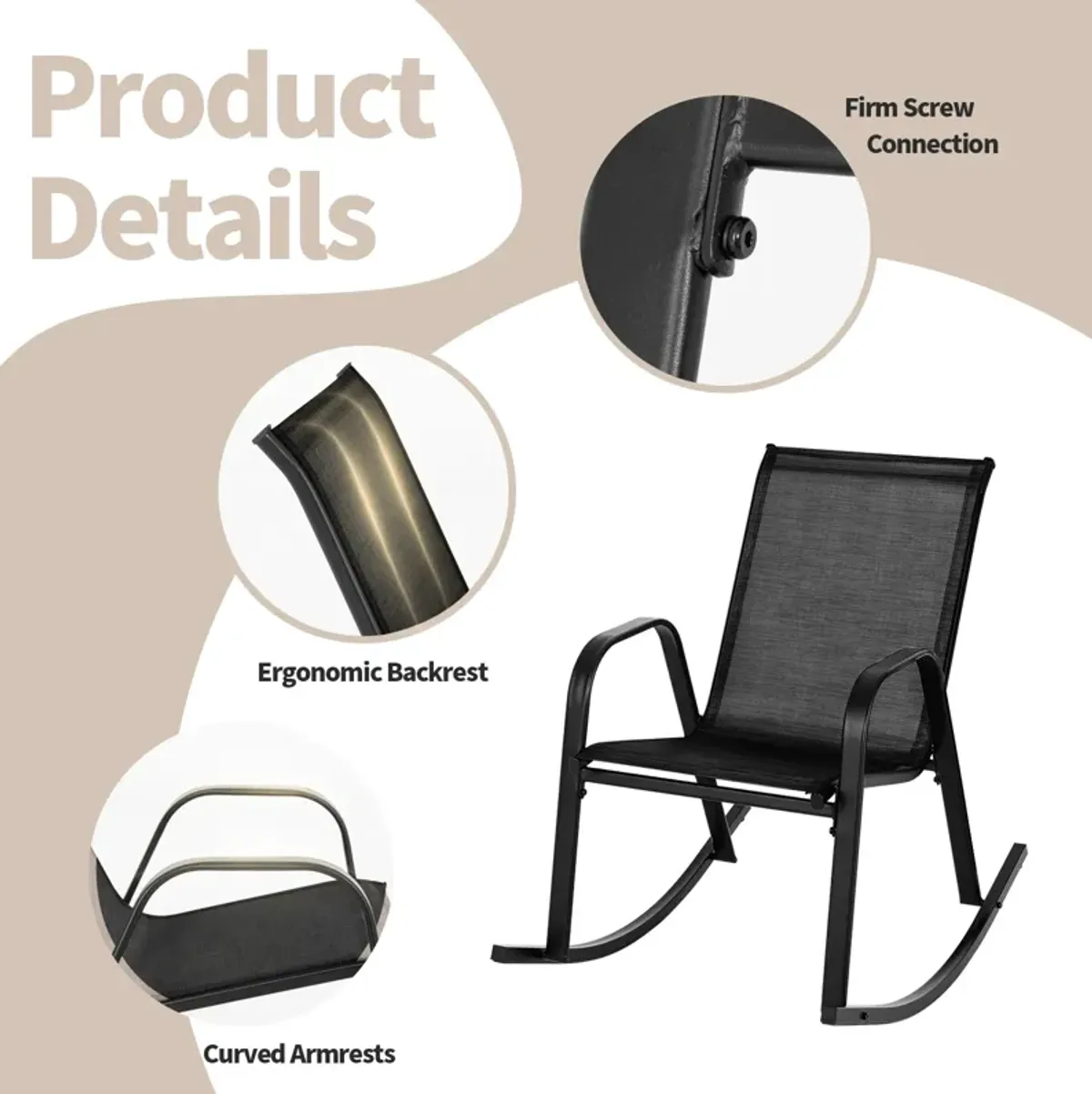 Set of 2 Metal Patio Rocking Chair with Breathable Seat Fabric