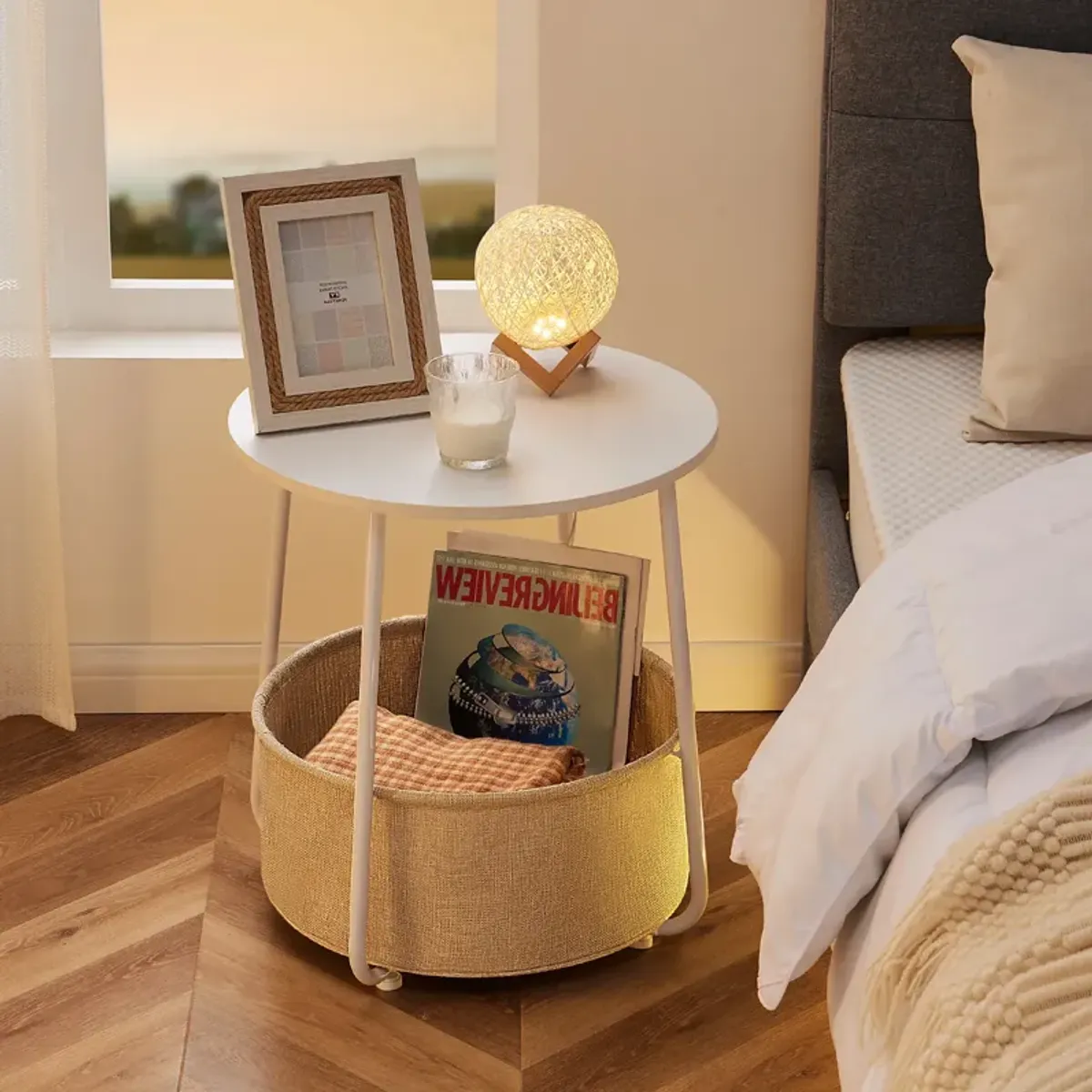 Elegant Round End Table with Practical Linen Basket Storage