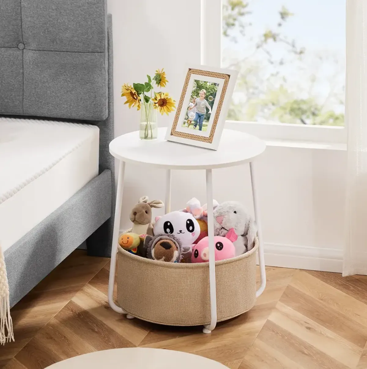 Elegant Round End Table with Practical Linen Basket Storage