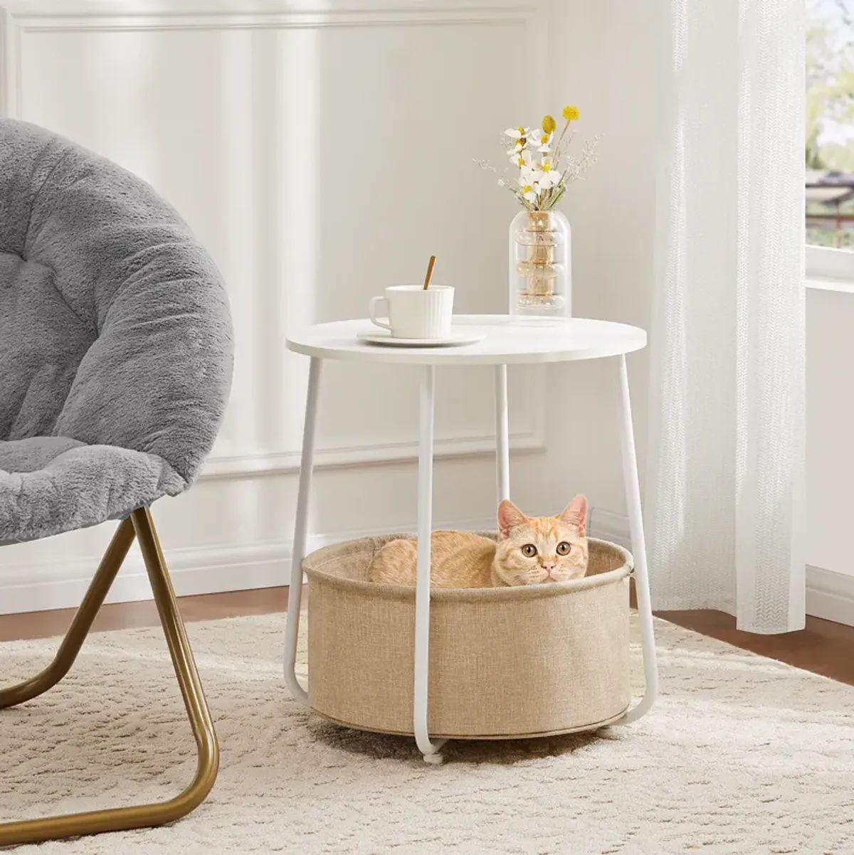 Elegant Round End Table with Practical Linen Basket Storage