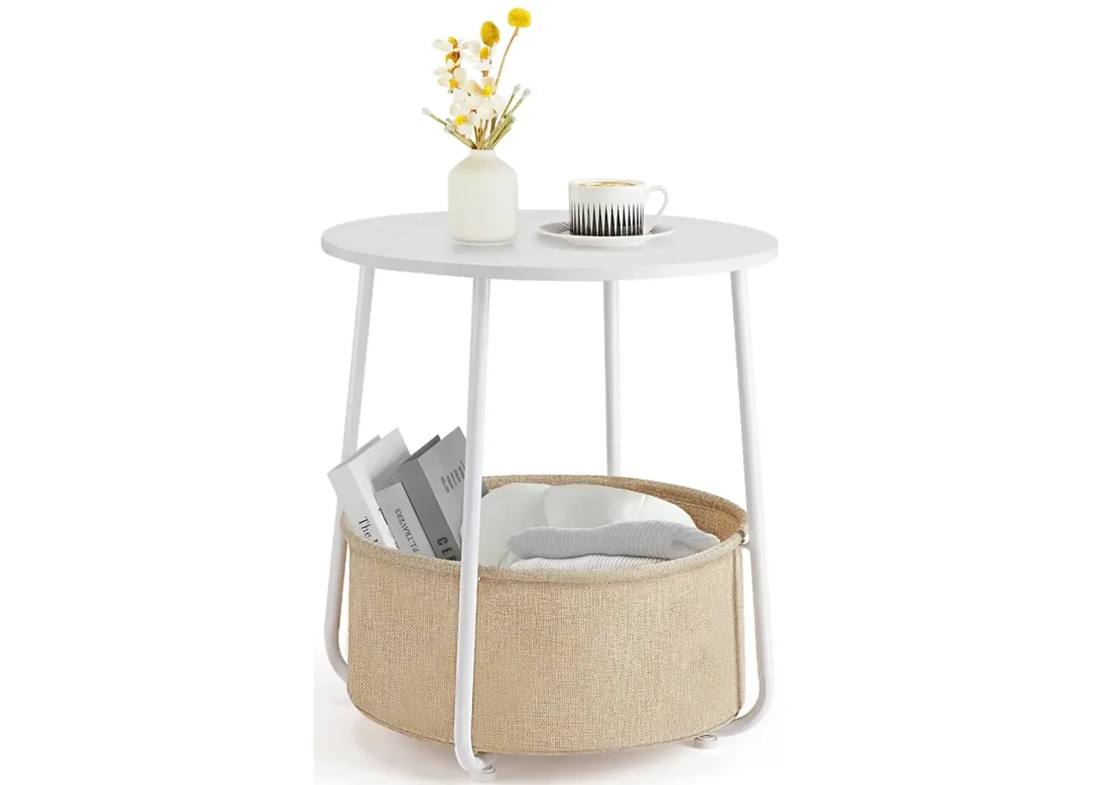 Elegant Round End Table with Practical Linen Basket Storage