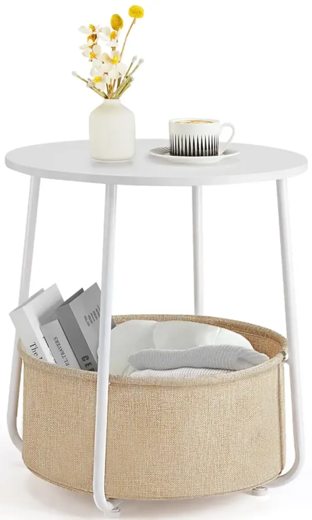 Elegant Round End Table with Practical Linen Basket Storage