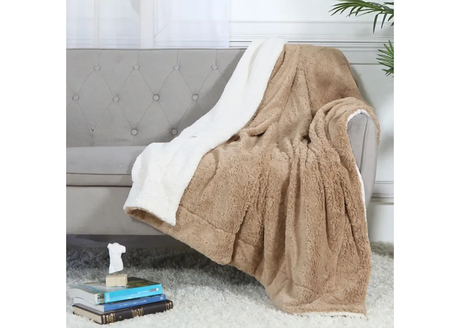 Legacy Decor Luxurious Soft Velour Fleece Throw with Super Ultra Soft Faux Fur on Backside Blanket 49”x 73” White Color