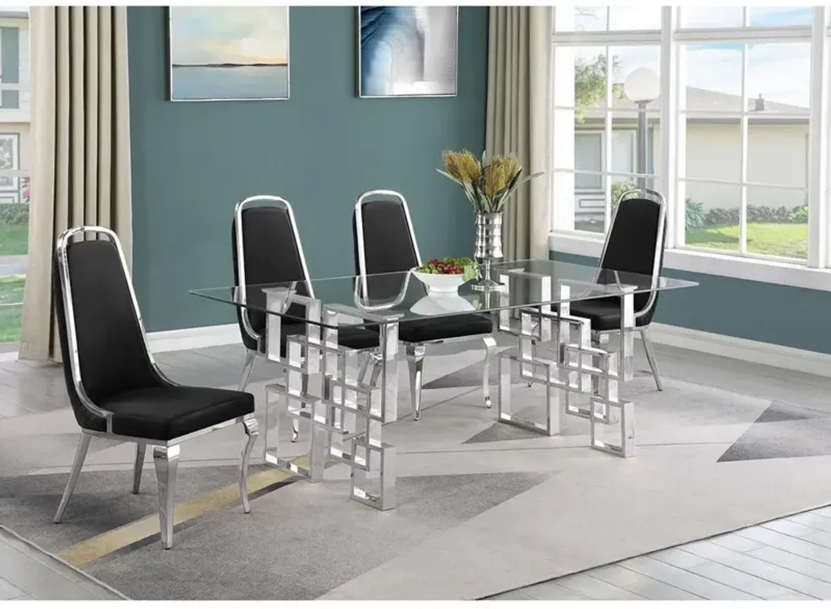 5-piece glam dining set with 4 Black side chairs and one 79"L glass dining table