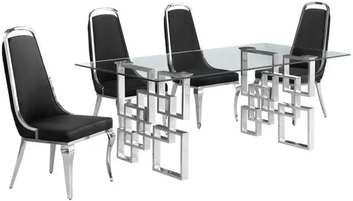 5-piece glam dining set with 4 Black side chairs and one 79"L glass dining table