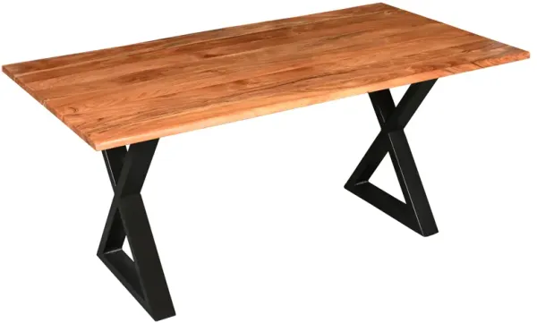 67 Inch Rectangular Dining Table with Crossed Black Metal Legs and Natural Brown Faux Live Edge Acacia Wood Top-Benzara