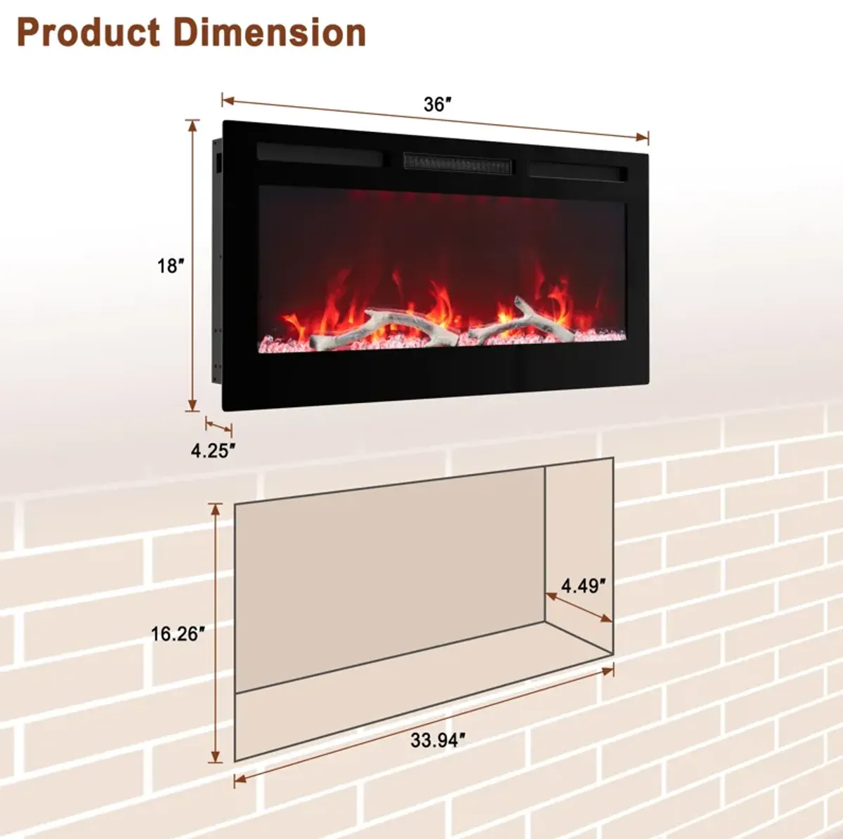 MONDAWE 36" Wall-Mounted Recessed Electric Fireplace 4780 BTU Heater with Remote Control Adjustable Flame Color & Temperature Setting