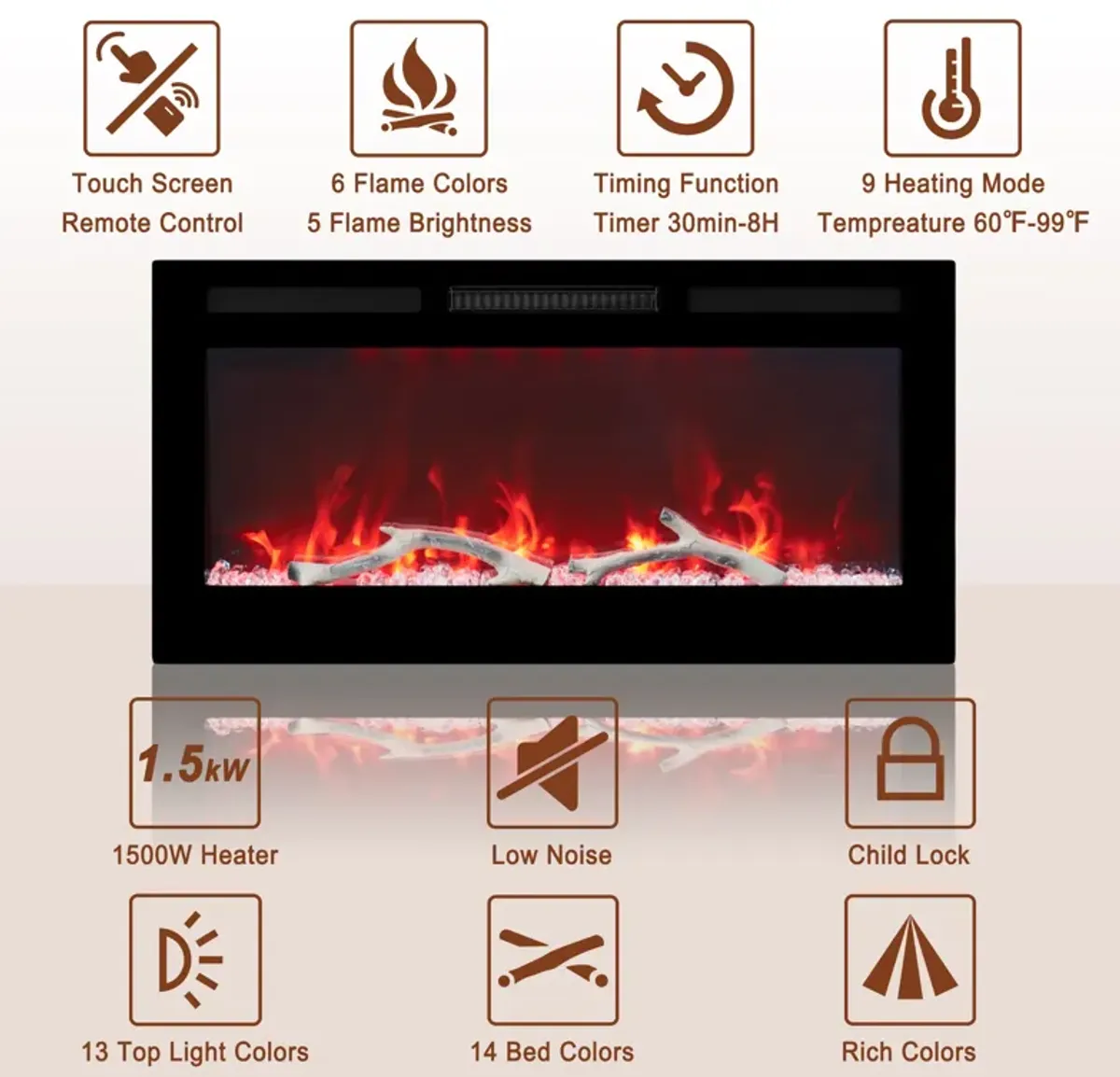 MONDAWE 36" Wall-Mounted Recessed Electric Fireplace 4780 BTU Heater with Remote Control Adjustable Flame Color & Temperature Setting