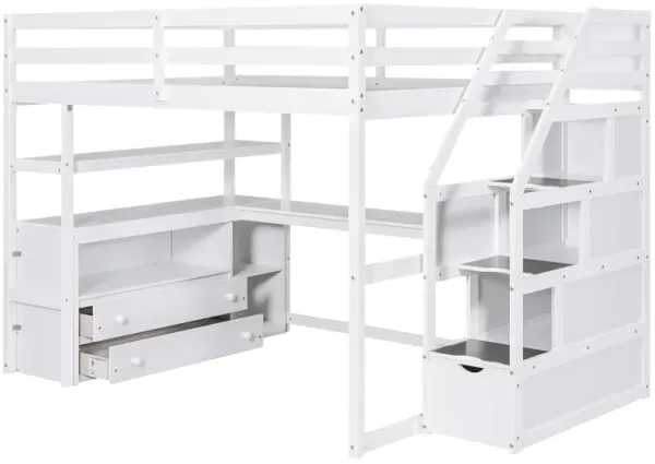 Whisen Full Size Wood Loft Bed with Desk, Shelves, Two Built-in Drawers and Storage Staircase - White