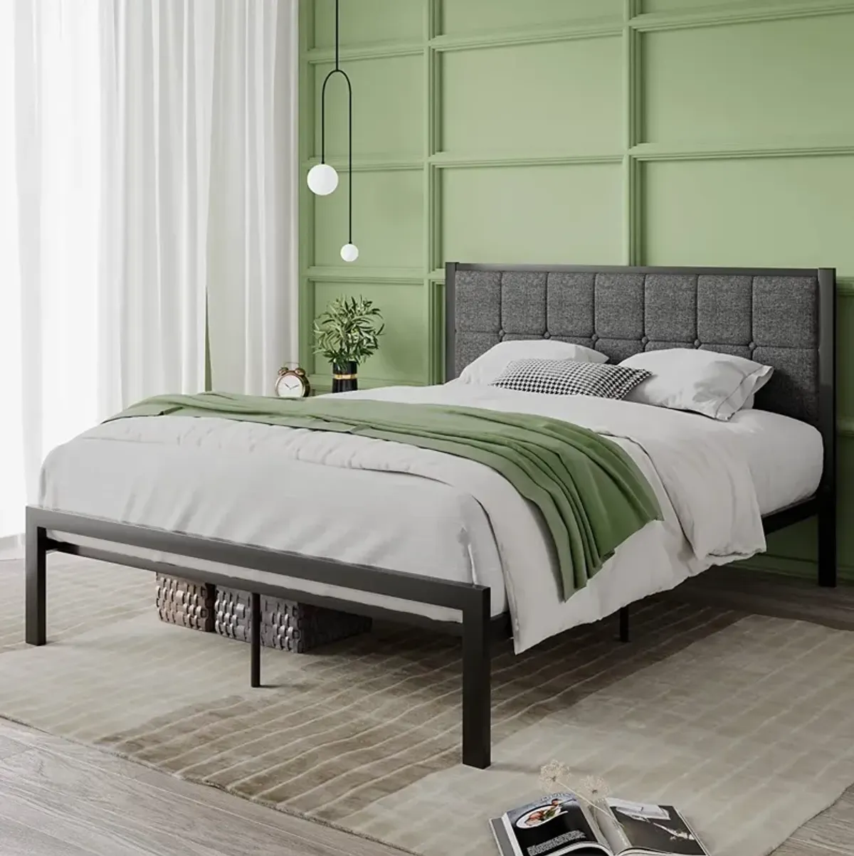 Hivvago Queen Metal Platform Bed Frame with Gray Button Tufted Upholstered Headboard