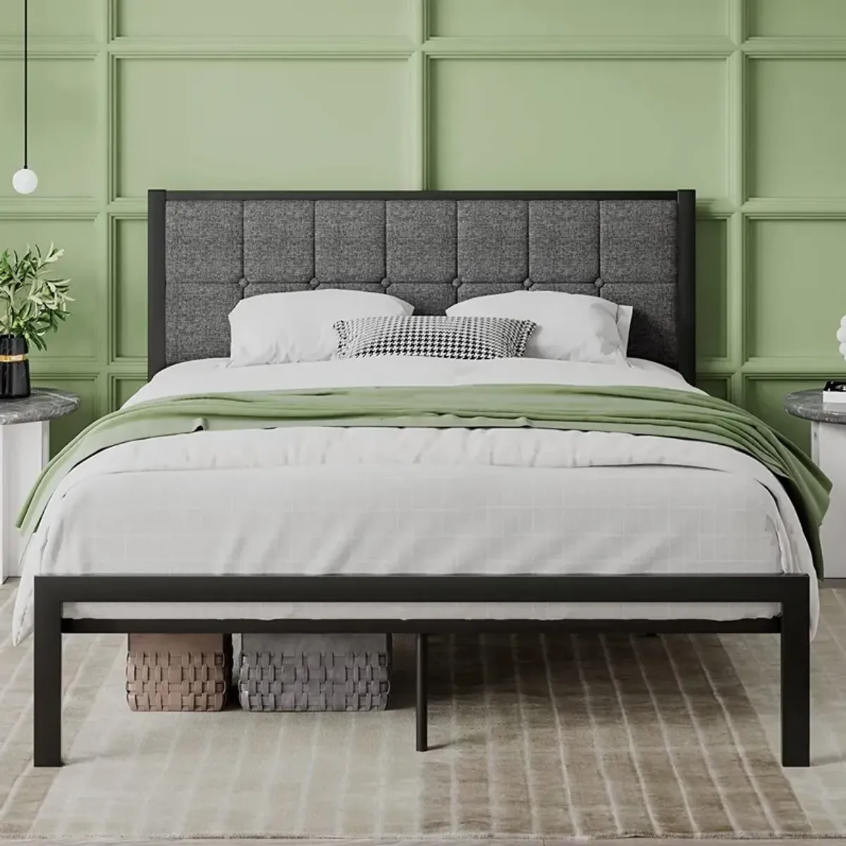 Hivvago Queen Metal Platform Bed Frame with Gray Button Tufted Upholstered Headboard