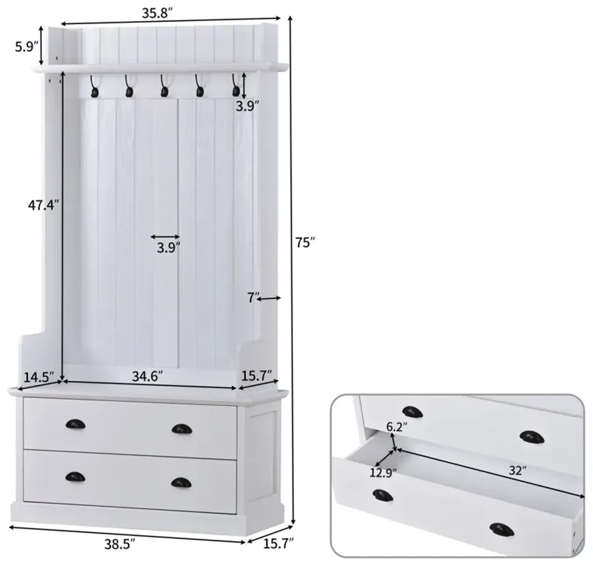 Vintage Style Hallway Coat Rack with Drawers & Hooks