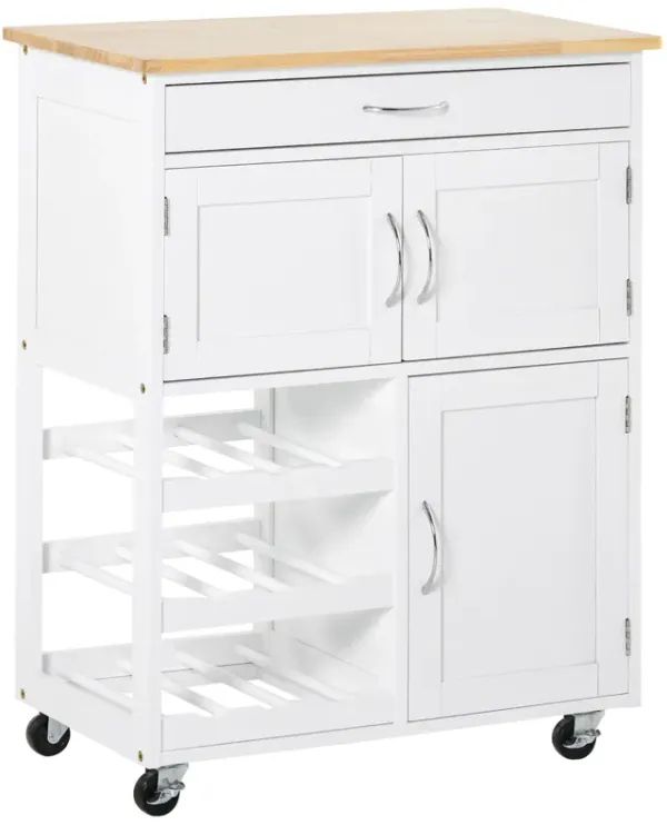 White Kitchen Helper: Rolling Cart with Wine Rack & Wooden Countertop