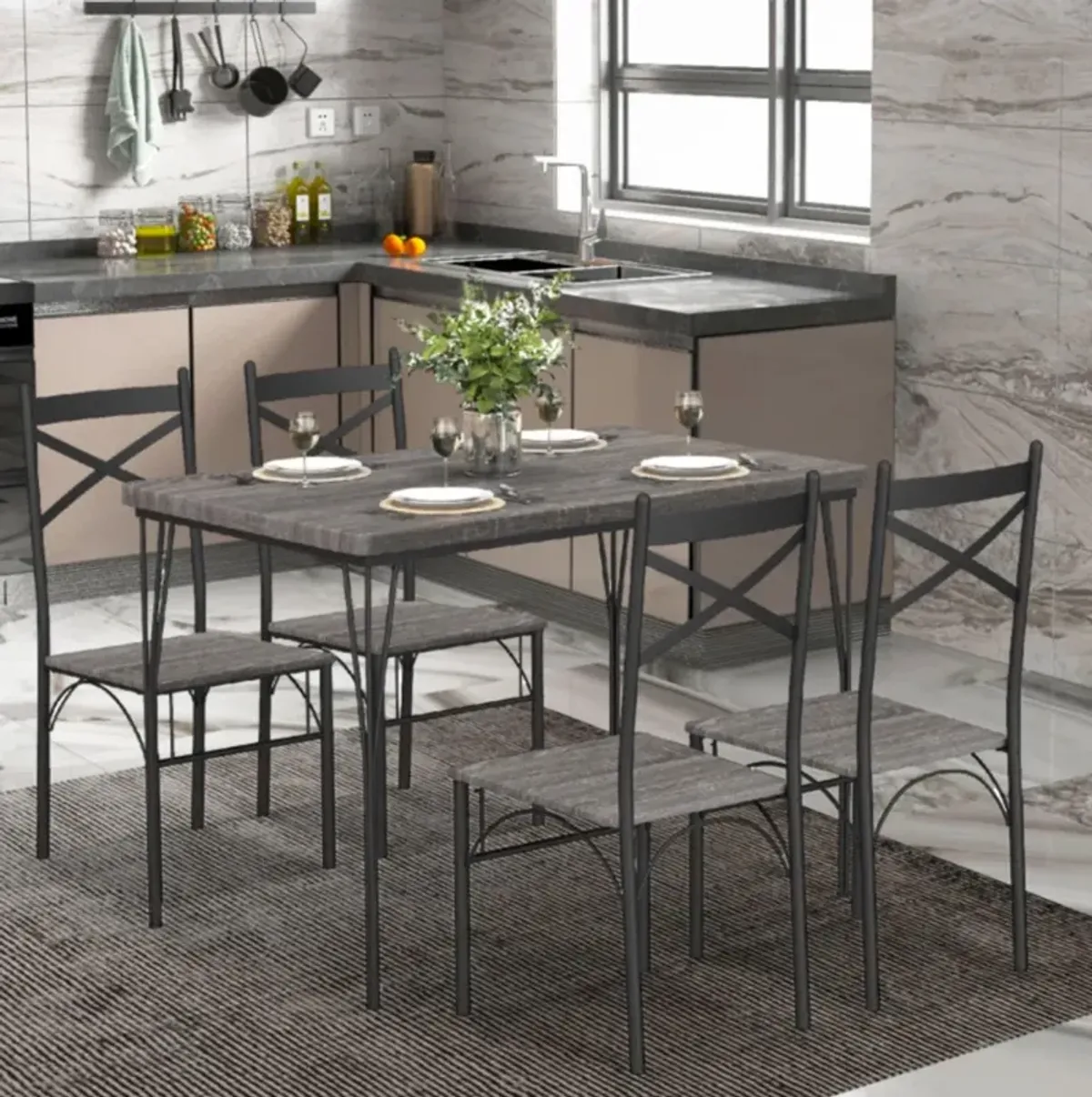 Hivvago 5 Pieces Dining Table Set with Metal Frame for Kitchen Dining Room-Gray