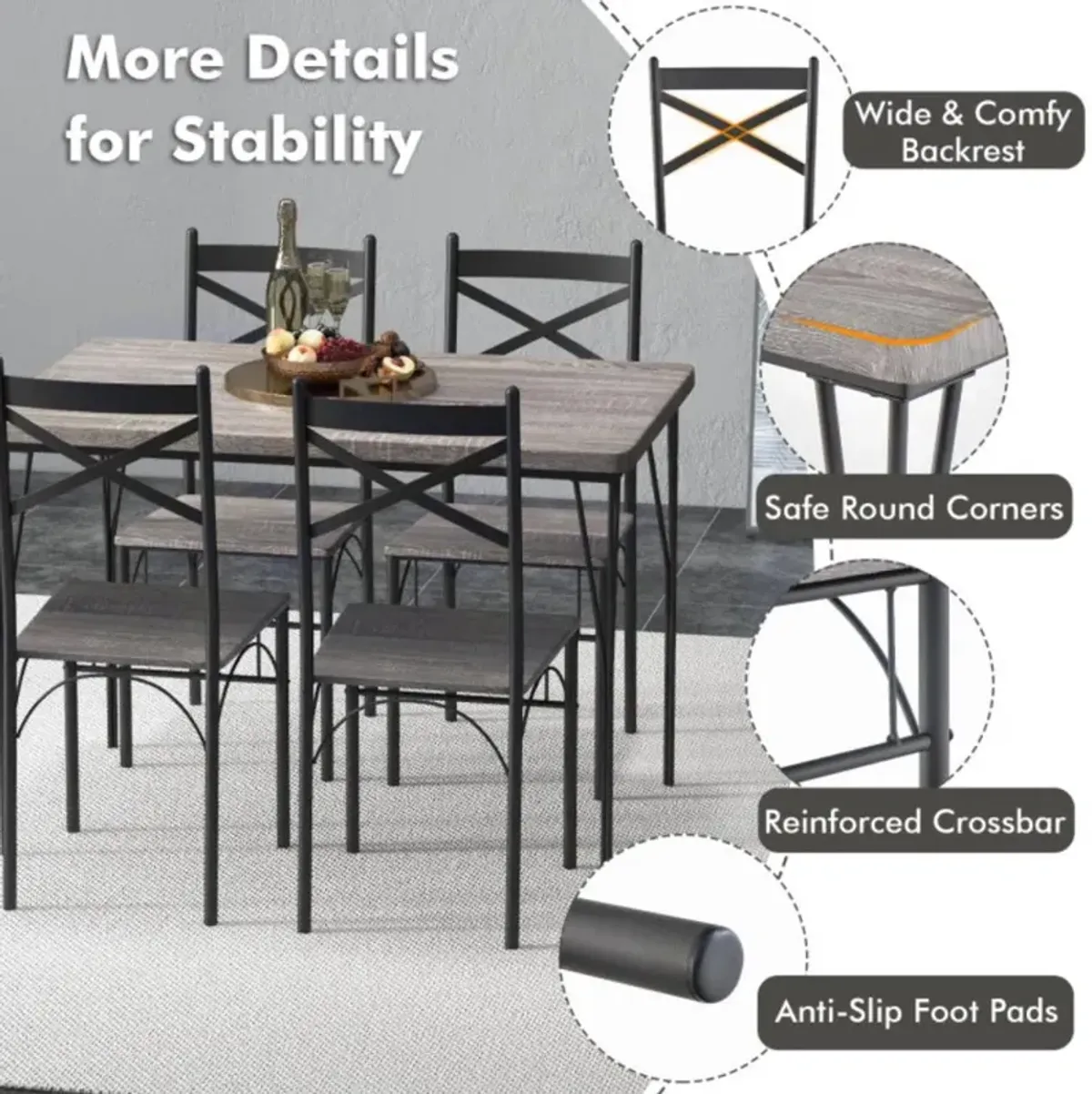 Hivvago 5 Pieces Dining Table Set with Metal Frame for Kitchen Dining Room-Gray