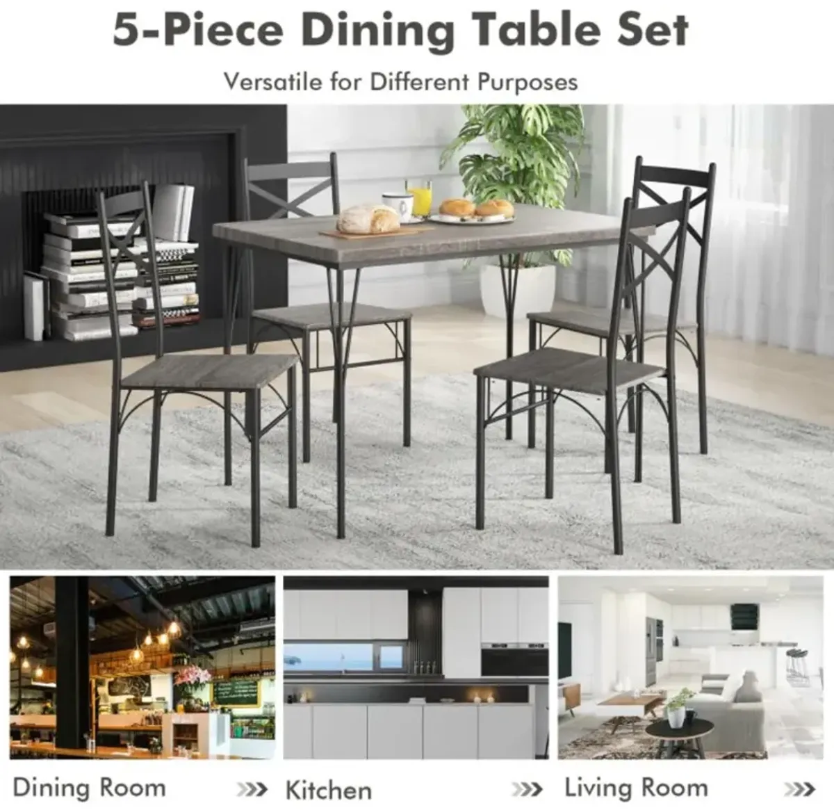 Hivvago 5 Pieces Dining Table Set with Metal Frame for Kitchen Dining Room-Gray