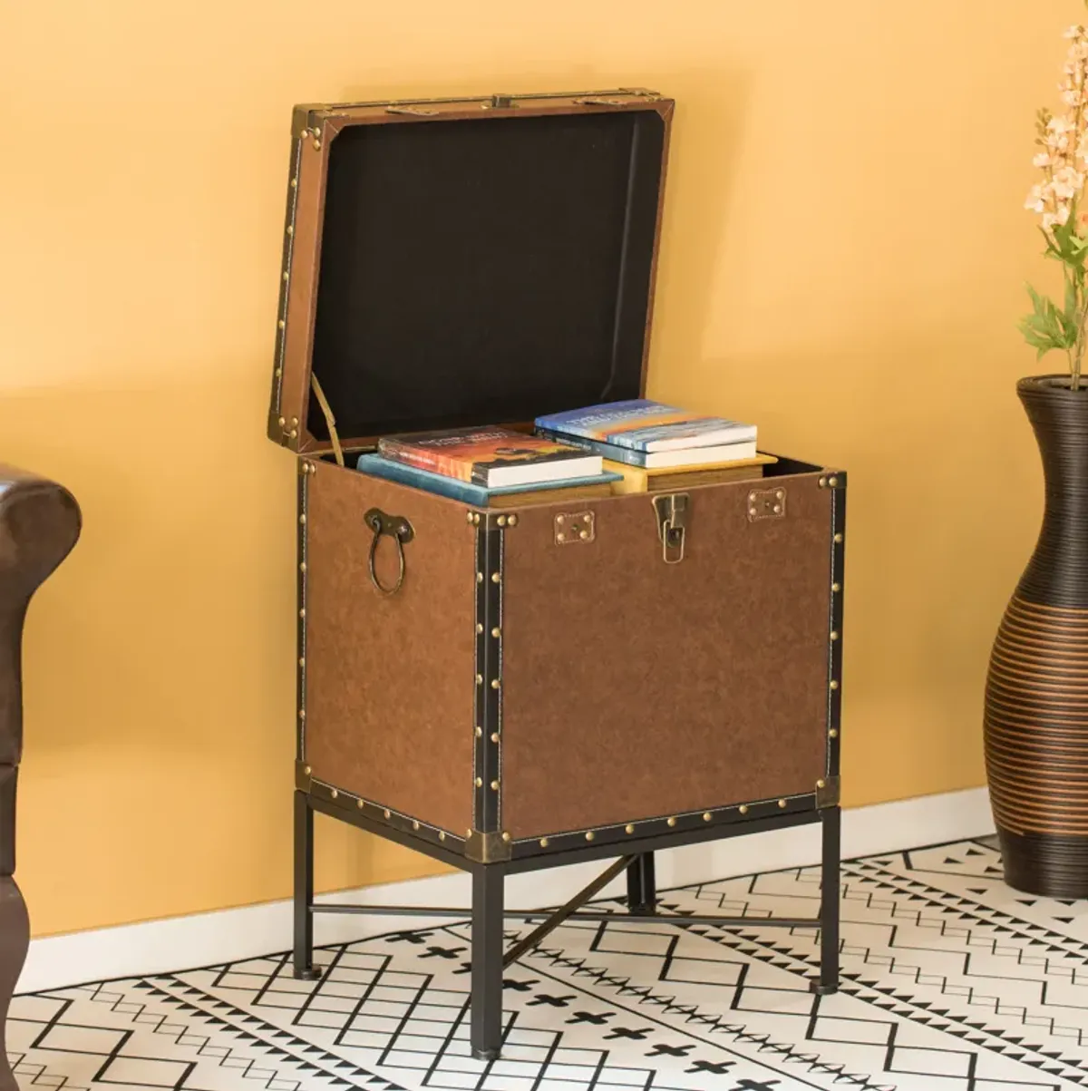 Silver and Brown Trimmed Faux Leather Lockable Square Lined Storage Trunk, End Table on Metal Stand