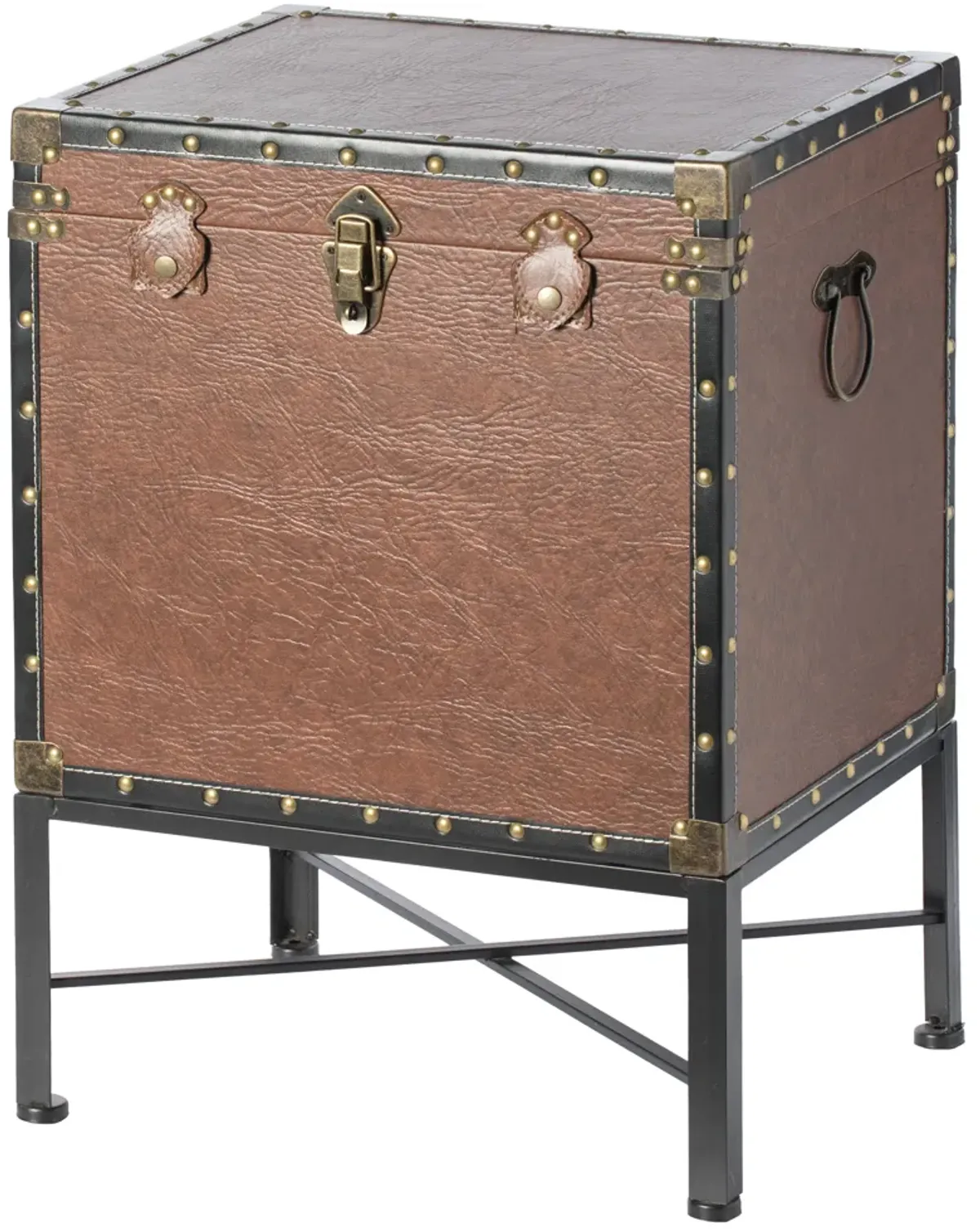 Silver and Brown Trimmed Faux Leather Lockable Square Lined Storage Trunk, End Table on Metal Stand