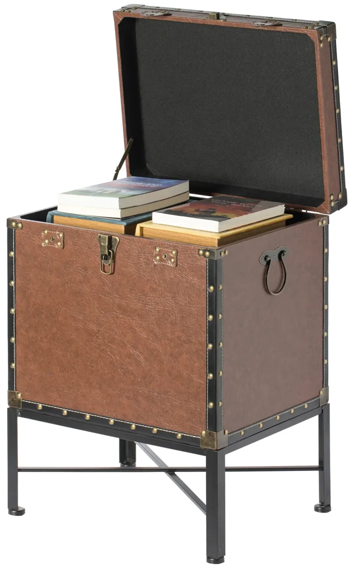 Silver and Brown Trimmed Faux Leather Lockable Square Lined Storage Trunk, End Table on Metal Stand