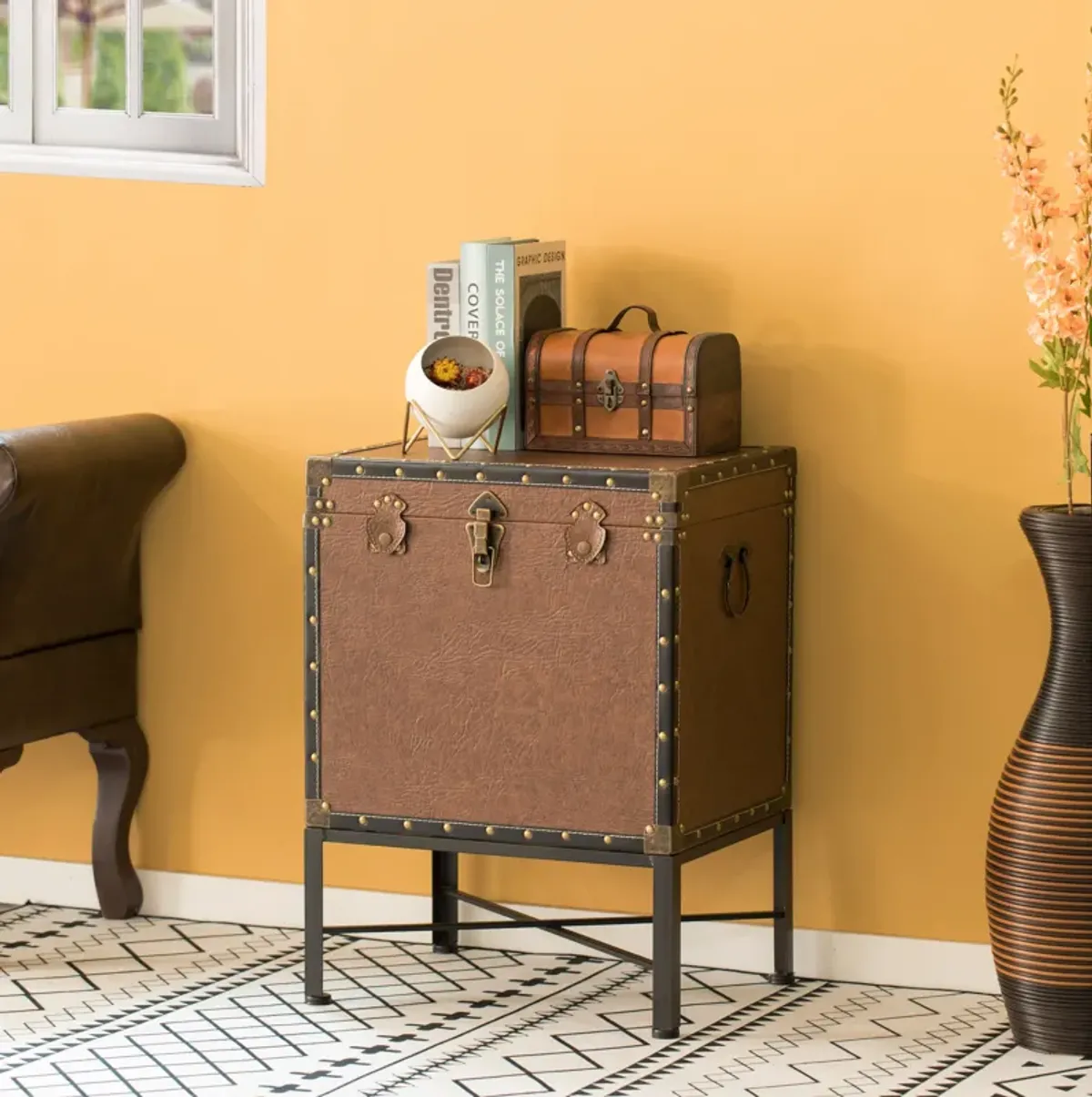 Silver and Brown Trimmed Faux Leather Lockable Square Lined Storage Trunk, End Table on Metal Stand