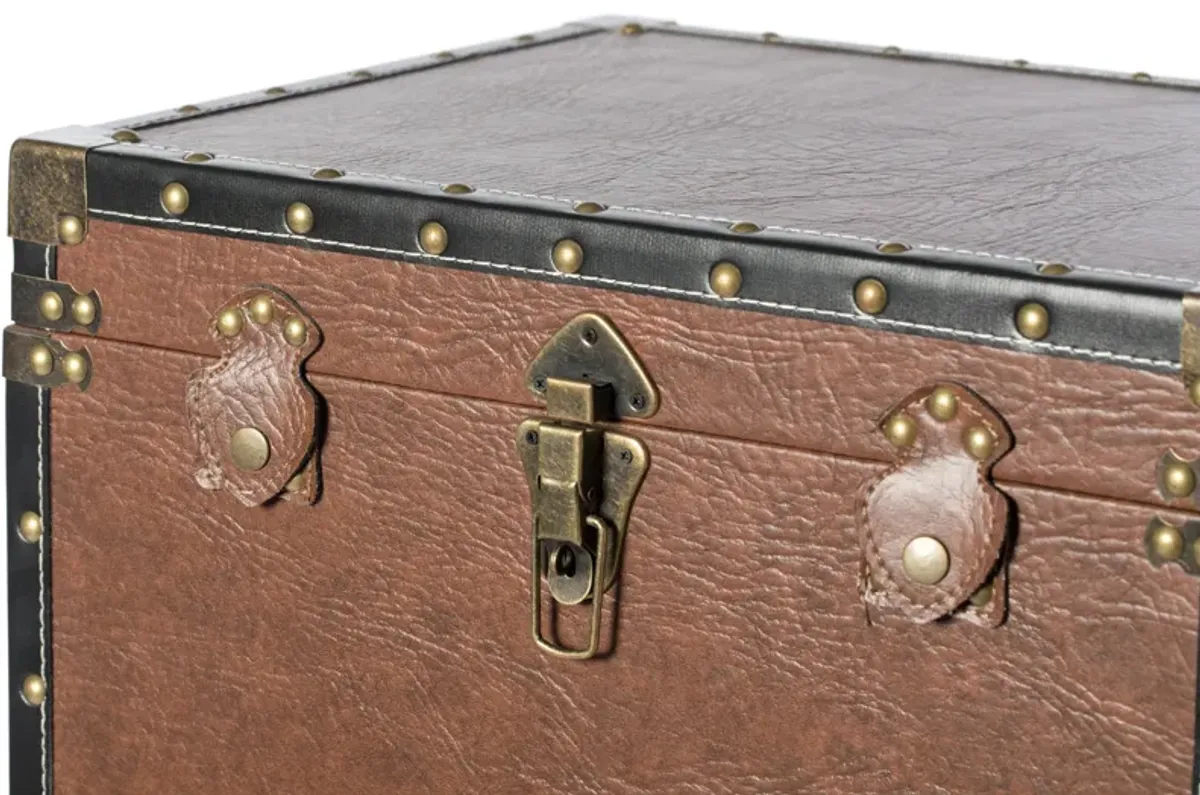 Silver and Brown Trimmed Faux Leather Lockable Square Lined Storage Trunk, End Table on Metal Stand