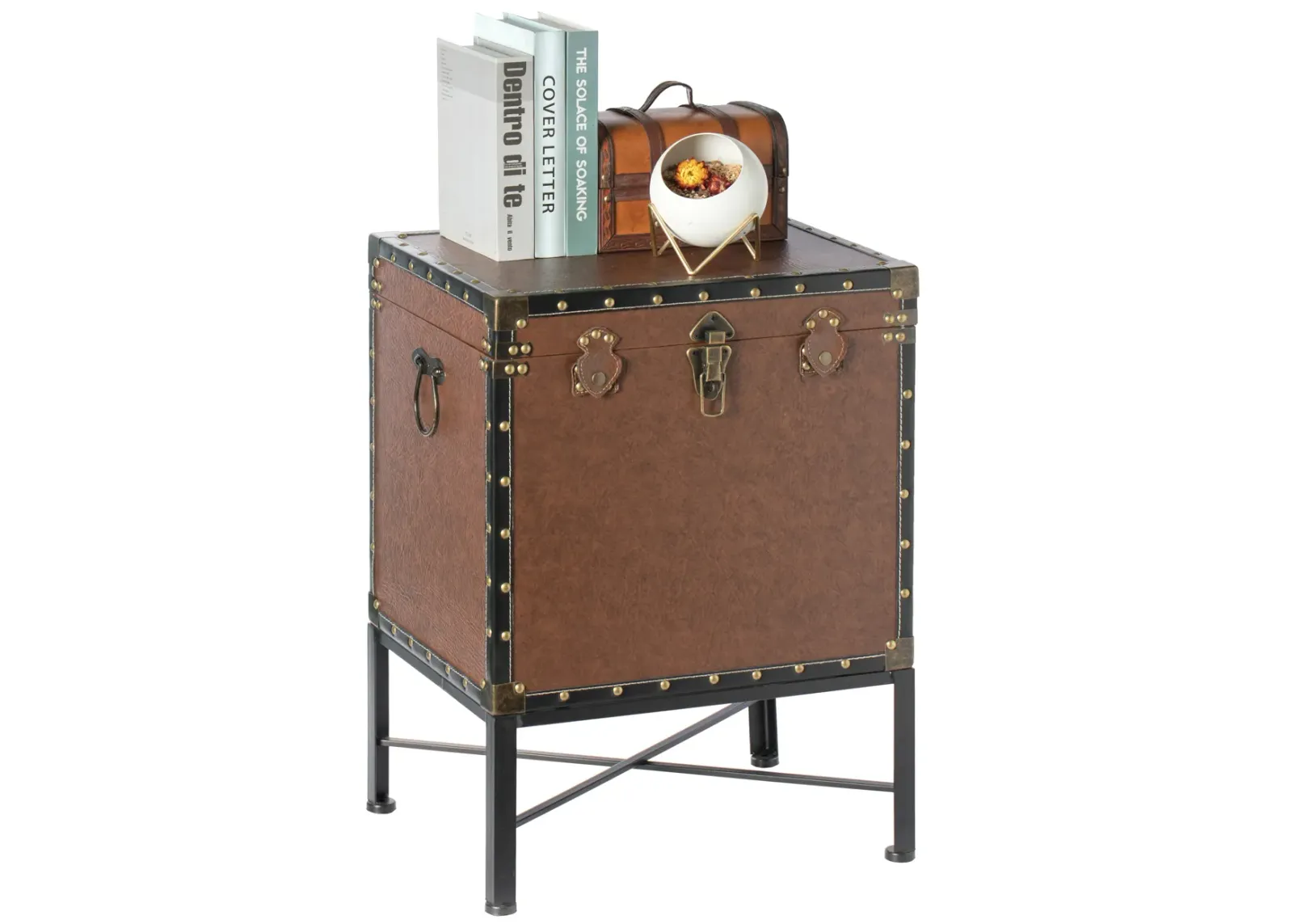 Silver and Brown Trimmed Faux Leather Lockable Square Lined Storage Trunk, End Table on Metal Stand