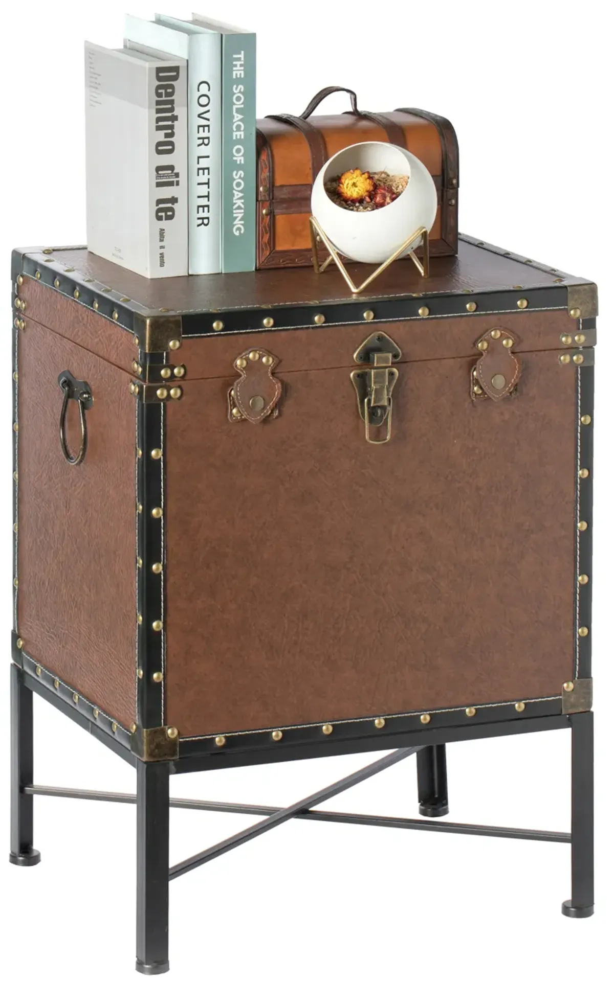 Silver and Brown Trimmed Faux Leather Lockable Square Lined Storage Trunk, End Table on Metal Stand