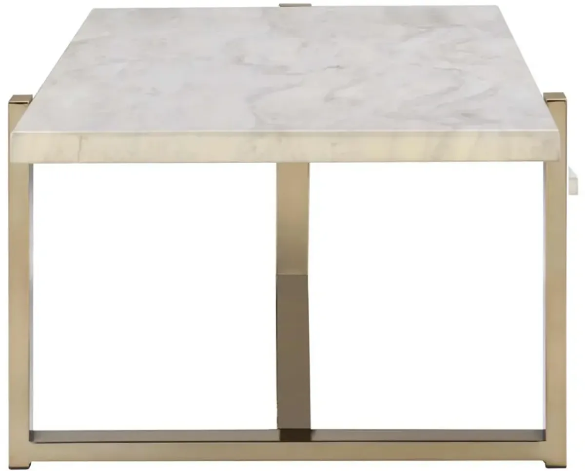 Modern Metal Framed Coffee Table with Faux Marble Top, White and Gold-Benzara