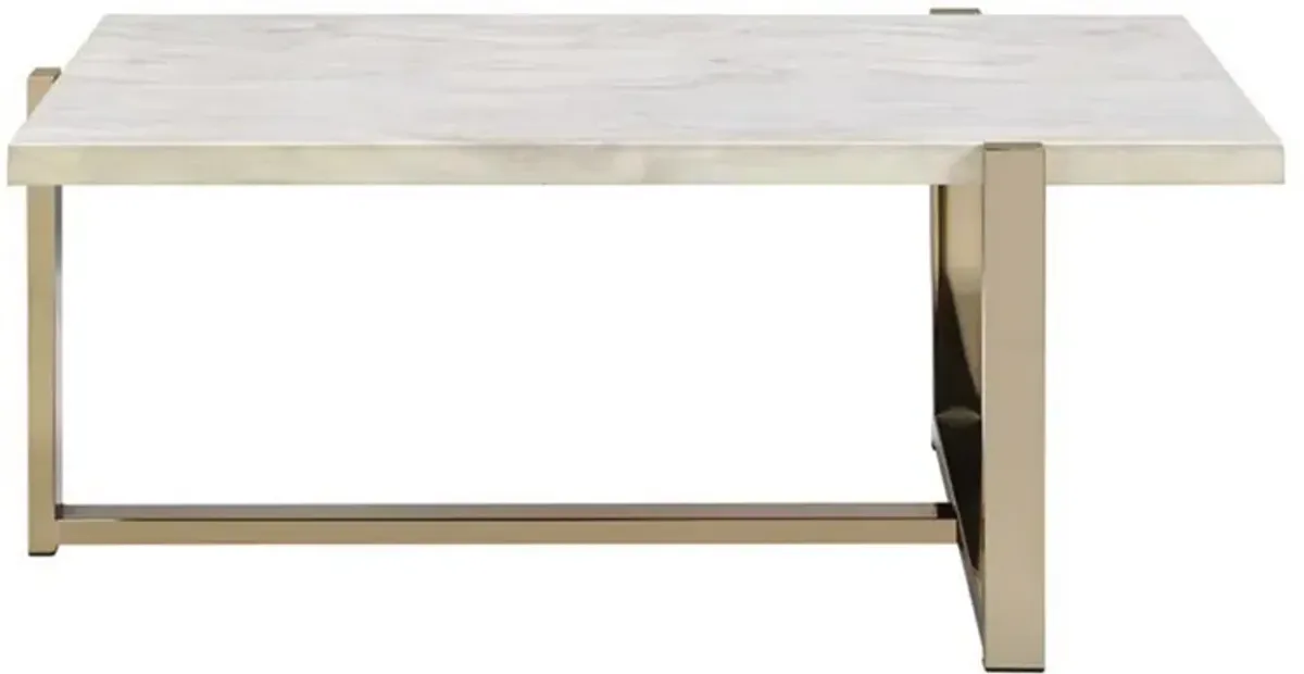 Modern Metal Framed Coffee Table with Faux Marble Top, White and Gold-Benzara